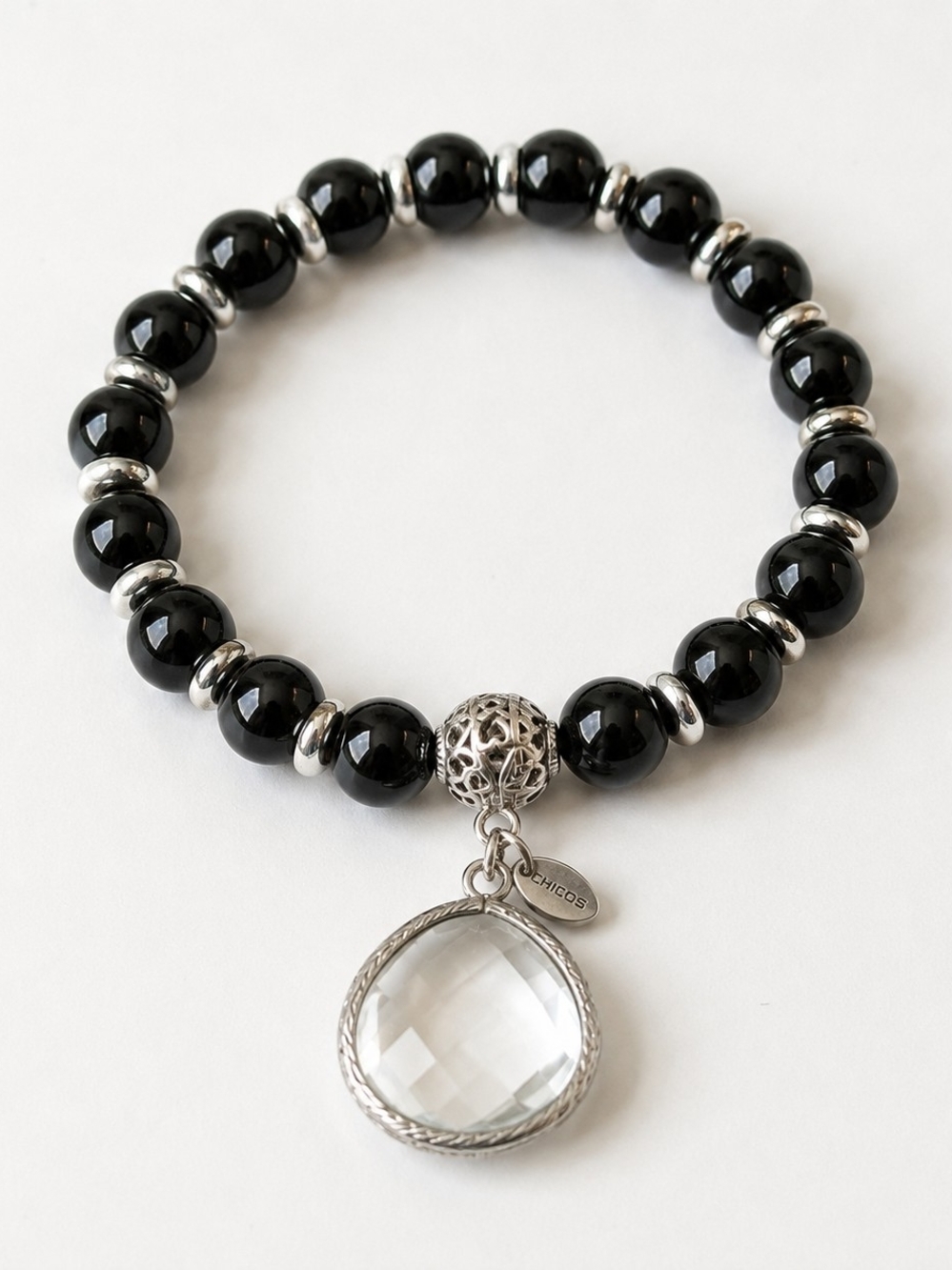 Chico's Black Beaded Cut Glass Pendant Stretch Bracelet